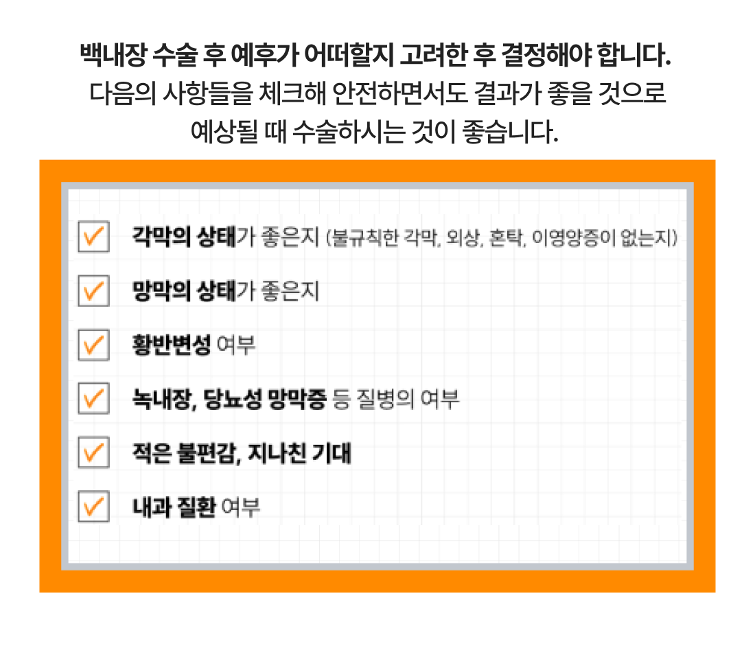 백내장의 진행상태, 환자의 눈의 상태, 일상생활에서 불편함의 정도